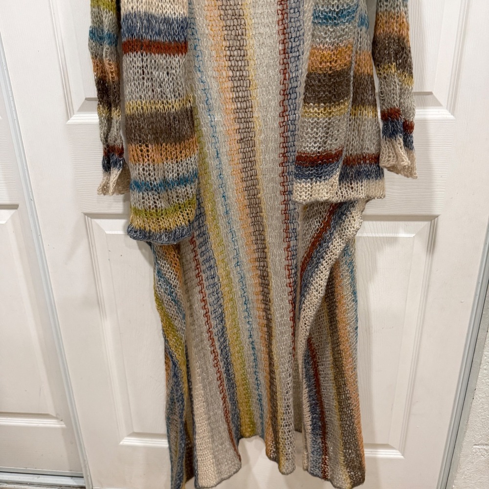 Relais Mohair Blend Open Knit Duster Cardigan Striped Multi Color Medium - Picture 2 of 9